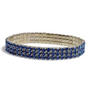 Blue Rhinestone Bracelet Three Row Expansion Band 7 Inch Stretchy